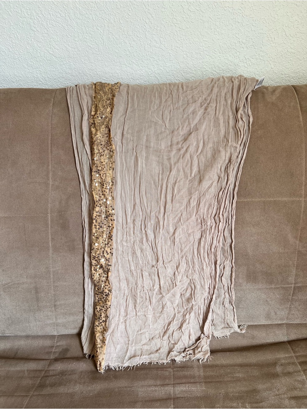Source Unknown Beige Scarf with Gold Sequin Trim